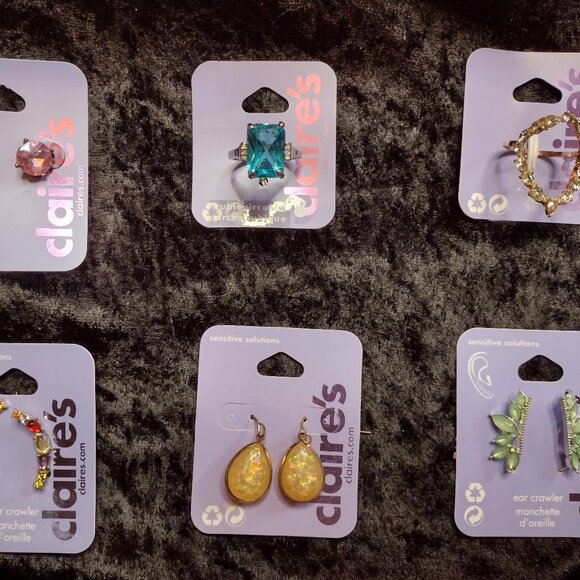 Claire's Jewelry - Lot New Claires Colored Faux Gemstone Rings Hypoallergenic Earrings Crawlers Set
